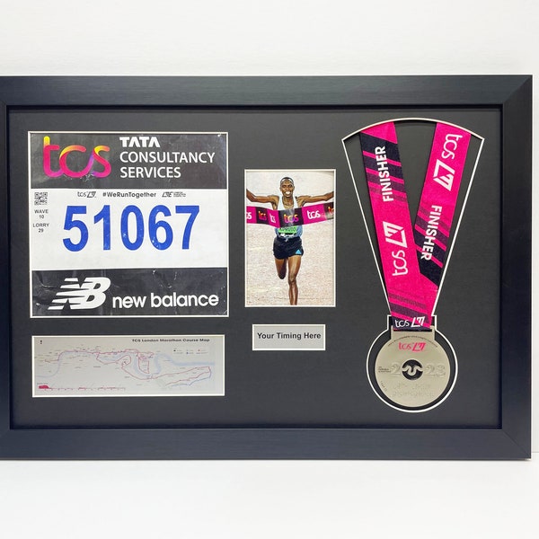 london marathon 2023/24 medal display frame with running bib, map, photo and title in black frame with white mount, DIY display frame