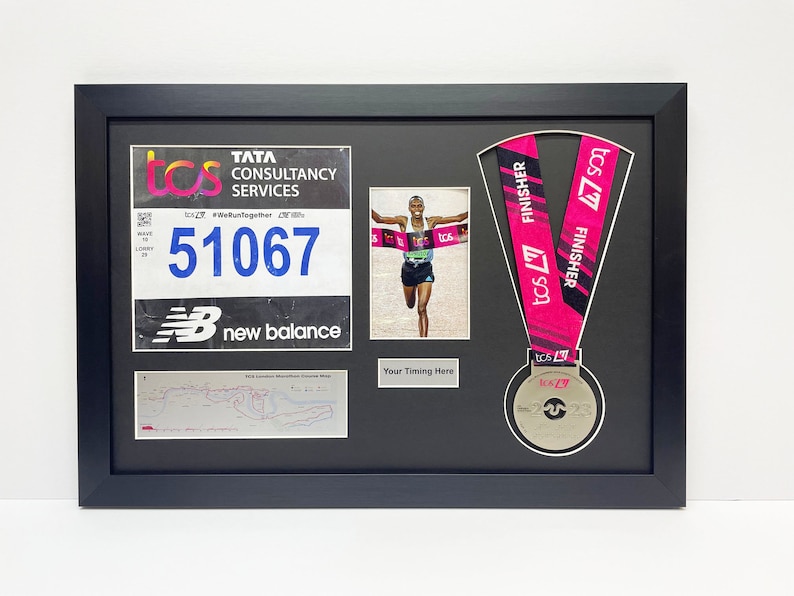 london marathon 2023/24 medal display frame with running bib, map, photo and title in black frame with white mount, DIY display frame image 1