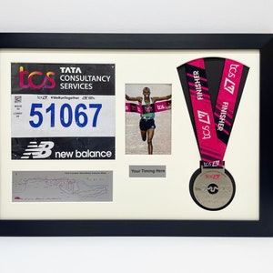 TCS London Marathon frame 2023/24 medal display frame with running bib, map, photo and title in black frame with white mount DIY frame