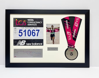 TCS London Marathon frame 2023/24 medal display frame with running bib, map, photo and title in black frame with white mount DIY frame