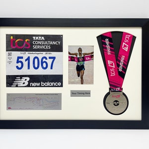 london marathon 2023/24 medal display frame with running bib, map, photo and title in black frame with white mount, DIY display frame image 4