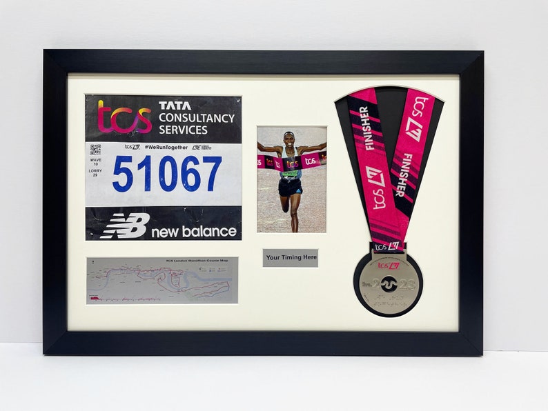 london marathon 2023/24 medal display frame with running bib, map, photo and title in black frame with white mount, DIY display frame image 4