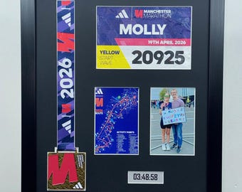 Manchester Marathon Frame 2026, Bib Map Photo Medal Display Large 3D Shadow Box