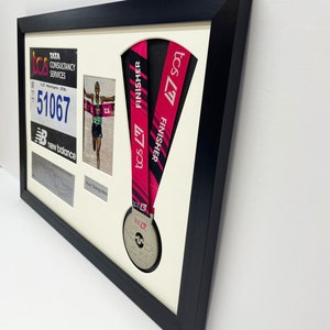 london marathon 2023/24 medal display frame with running bib, map, photo and title in black frame with white mount, DIY display frame image 5