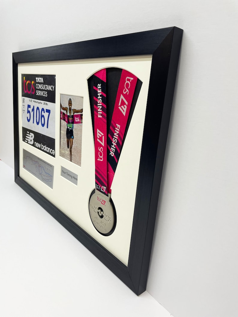 london marathon 2023/24 medal display frame with running bib, map, photo and title in black frame with white mount, DIY display frame image 5