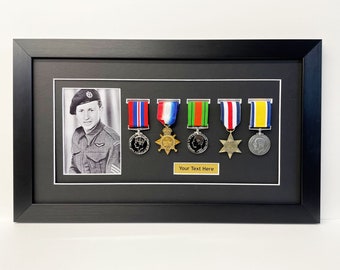 Military War Medal Display Frame For 5 medal,  6" x 4" Photo and Title, Ideal for WW1 and WW2 war medals, Frame overall size is 51cm x 31cm