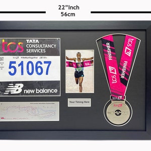 london marathon 2023/24 medal display frame with running bib, map, photo and title in black frame with white mount, DIY display frame image 6