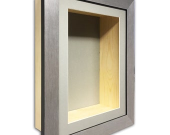 4" (101mm) Extra Very Deep 3D box Frame with Grey mount and Grey background ideal for 3D objects, memory box, sport items, and momentos