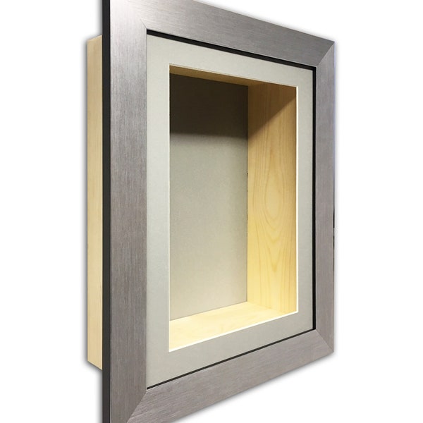 4" (101mm) Extra Very Deep 3D box Frame with Grey mount and Grey background ideal for 3D objects, memory box, sport items, and momentos