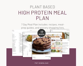 May include: A digital download for a 7-day plant-based high protein meal plan with 17 recipes, meal prep guides, and grocery shopping lists. The image shows a stack of pancakes with chocolate chips on a gray plate.