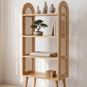 Wooden Rattan Mid-Century Modern Bookshelf Display Unit, Handmade Solid Wood