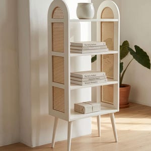 Mid-Century Modern Wooden Storage Shelf, Solid Wood Rattan Display Unit
