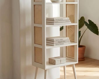 Mid-Century Moden Wooden Storage Shelf, Solid Wood Rattan Display Unit