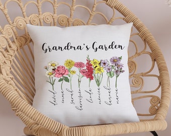 Grandma Mothers Day Gift Personalized Pillow, Grandma Garden Birth Month Flower Custom Lumbar Pillow, Grandkid Name Pillow, Nana Birthday