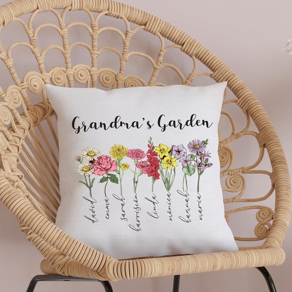 Grandma Mothers Day Gift Personalized Pillow, Grandma Garden Birth Month Flower Custom Lumbar Pillow, Grandkid Name Pillow, Nana Birthday