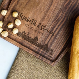 Personalized City Skyline Board, Engraved Cutting Board, Wedding Gift, Newly Wed Gift, Personalized Charcuterie Board, Cheese Board, Gift