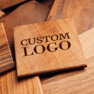 Logo Wooden Coaster, Engraved Wood Coaster, Custom logo Coaster, Walnut Wood Coaster, Business Gift, Corporate Gift, Office Table Decor