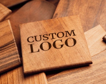 Logo Wooden Coaster, Engraved Wood Coaster, Custom logo Coaster, Walnut Wood Coaster, Business Gift, Corporate Gift, Office Table Decor