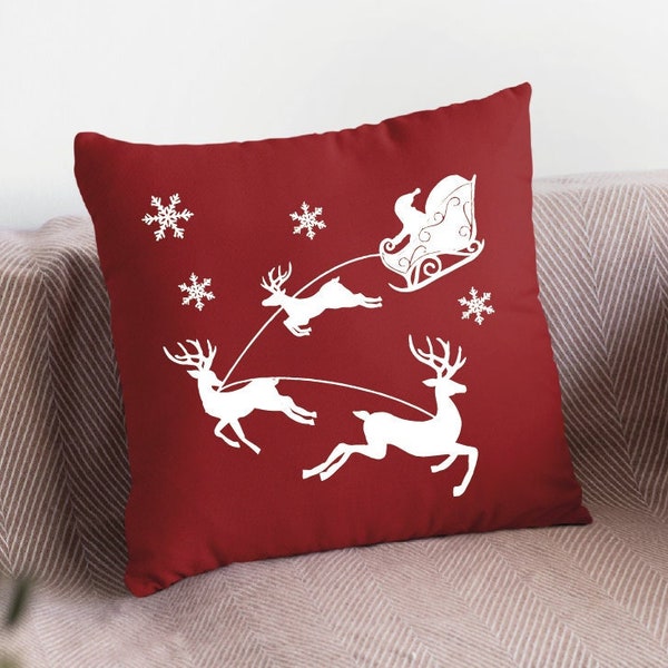 Christmas Deers and Sleigh Pillow, Christmas Pillow, Christmas Decor, Christmas Gift, Xmas Pillow Cover, Noel Lumbar Pillow, Farmhouse Decor