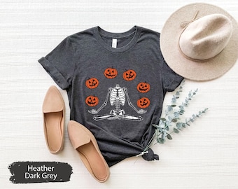 Skeleton Namaste Halloween Shirt,Pumpkin Halloween Shirt, Retro Funny Halloween Shirt, , Fall Yoga Shirt for Women, Spooky Season Shirt
