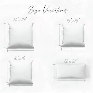 four pillows are shown with measurements for them