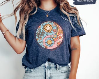 Balance Over Hustle Ying Yang Flower Tshirt, Smiley Flower Shirts, Rainbow Tees, Nature Lover Gifts, Gift for Her, Kids Tshirts, Nature Tee