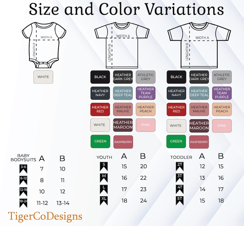 the size and color variations of a t - shirt