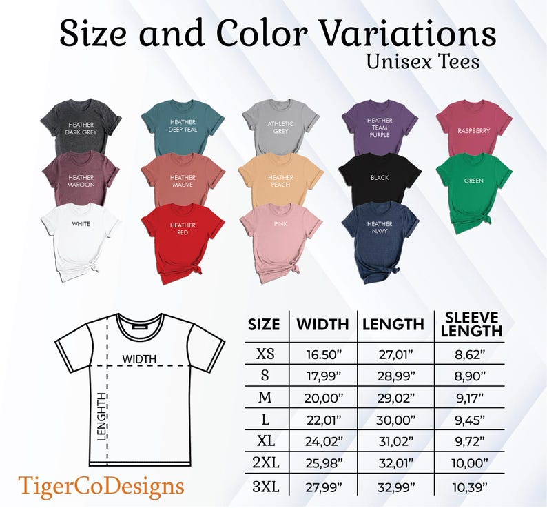 the size and color variations of a t - shirt