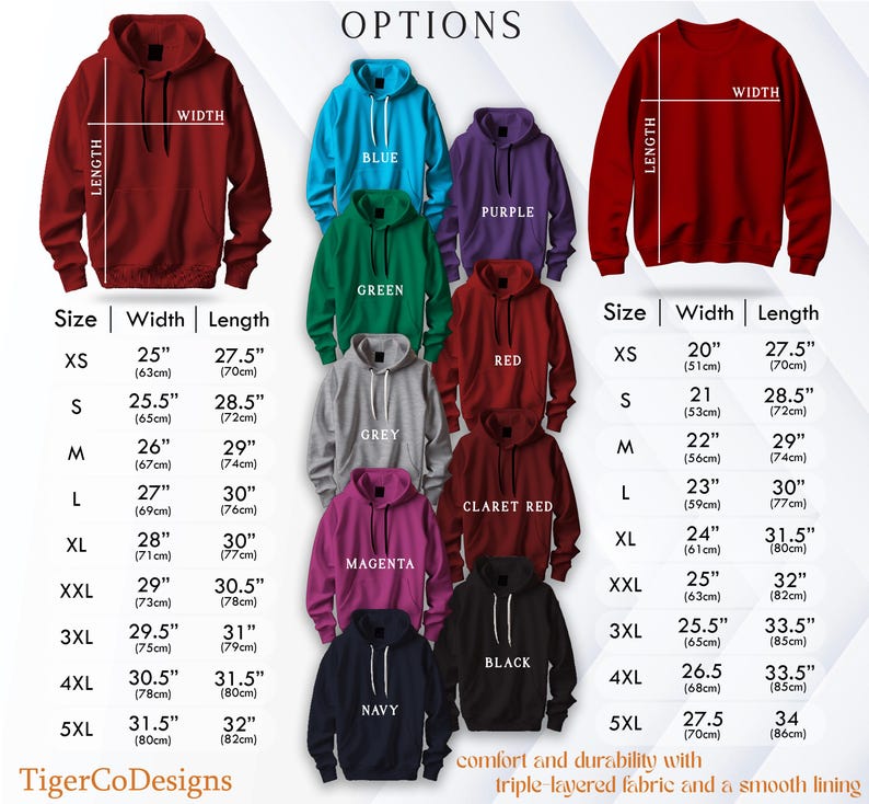 the size of a hoodie is shown in different colors