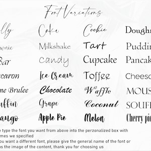 May include: A white background displays a list of font variations with dessert names in black script. The text includes "Jelly," "Cake," "Cookie," and "Doughnut." Below the list is a message about font selection.