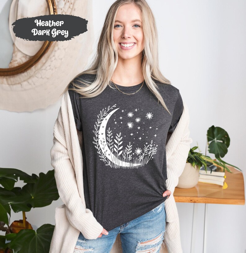 Full Moon Shirts, Moon Phases Tee, Floral Moon Shirt, Moon And Stars, Galaxy T-Shirt, Celestial Shirts, Moon Lover Gifts, Space T Shirt image 2