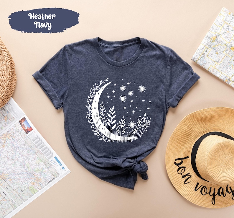Full Moon Shirts, Moon Phases Tee, Floral Moon Shirt, Moon And Stars, Galaxy T-Shirt, Celestial Shirts, Moon Lover Gifts, Space T Shirt image 1