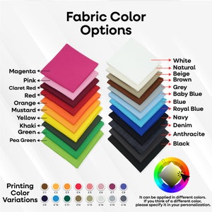 May include: Fabric color options chart with swatches of 16 different colors, including white, natural, beige, brown, grey, baby blue, blue, royal blue, navy, denim, anthracite, black, magenta, pink, claret red, red, orange, mustard, yellow, khaki, green, and pea green.  The chart also includes a color wheel with a gray circle in the center.
