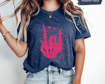 Halloween Skeleton Hand Shirt, Skeleton Shirt, Rock On Skeleton Hand Shirt, Halloween Shirt, Women Halloween Tee, Halloween Party Tee