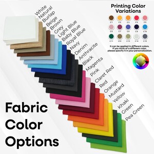May include: A display of fabric color options, including white, natural, and various shades of blue, pink, and green. The image also shows printing color variations and text that reads "Fabric Color Options."