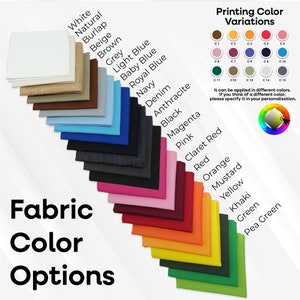 May include: A chart showing fabric color options for a product, with 15 different fabric colors, including white, natural, burlap, beige, brown, grey, light blue, baby blue, royal blue, navy, denim, anthracite, black, magenta, pink, claret red, red, orange, mustard, yellow, khaki, green, and pea green. The chart also shows 15 different printing color variations, with color swatches for each color.
