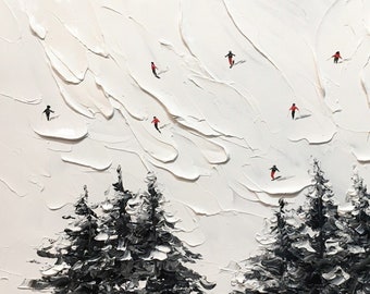 Ski Sport Painting On Canvas Custom Painting Textured Wall Art Personalized Gift Skier Snowy Mountain Art White Snow Skiing Art
