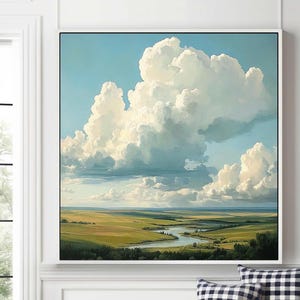 Cloudy Sky Oil Painting Green Texture Wall Art White Cloud Abstract Painting Large Cloud Wall Art Blue Sky Painting Landscape Wall Painting