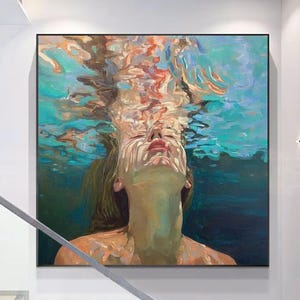 Diving Oil Painting Diving Wall Art Swimming Girl Painting Blue Abstract Art Diving In Ocean Oil Painting Summer Wall Art Gift For Her