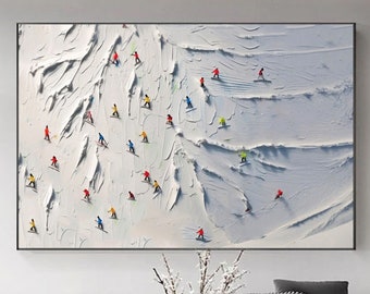 Pintura al óleo original en 3D con textura gruesa de esquí, arte abstracto de deportes de invierno sobre lienzo, decoración de pared con montaña nevada con técnica impasto, figurativa moderna de esquiador.