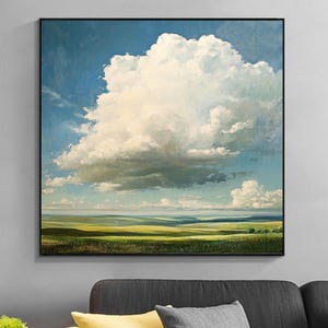 Cloudy Sky Oil Painting Green Texture Wall Art White Cloud Abstract Painting Large Cloud Wall Art Blue Sky Painting Landscape Wall Painting