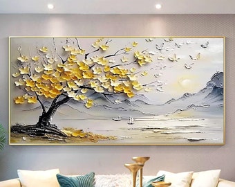 Original Cherry Tree Oil Painting on Canvas, Large Textured Wall Art, Abstract Blooming Tree Painting, Bedroom Wall Decor, Nature Art Decor