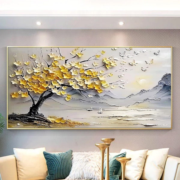 Original Cherry Tree Oil Painting on Canvas, Large Textured Wall Art, Abstract Blooming Tree Painting, Bedroom Wall Decor, Nature Art Decor