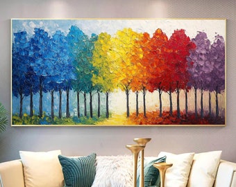 Large Tree Oil Painting On Canvas Abstract Colorful Tree Painting Forest Landscape Painting Wall Art Canvas Spring Living Room Tree Painting