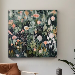 Abstract Green Flower Oil Painting on Canvas Abstract Floral Painting Boho Wall Art Modern Custom Floral Acrylic Painting Living Room Decor