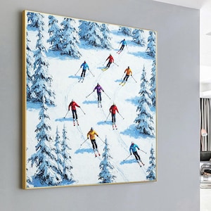 Original Ski Sport Painting On Canvas Winter Decor Textured Wall Art, Personalized Gift, Winter Decor Birthday Gift , Ski Sport Oil Painting