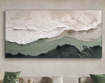 May include: Abstract landscape painting with shades of green, white, and brown. The painting features a textured, layered effect, creating a sense of depth and dimension.