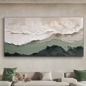 Gran pintura al óleo original, arte abstracto sobre lienzo, pintura de paisaje de montaña verde, pintura de paisaje verde, arte de pared para sala de estar