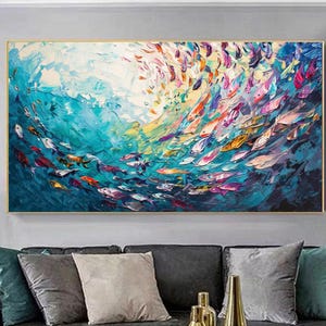 Large Original Fish Oil Painting On Canvas Fish Landscape Painting Canvas Wall Art Abstract Blue Sea Painting Boho Wall Art Decor Home Decor