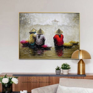 Oil Painting Of Vietnamese Gifts, Painting Of Vietnamese Women Selling Flowers, Vietnamese Handmade Oil Painting, Living Room Wall Art
